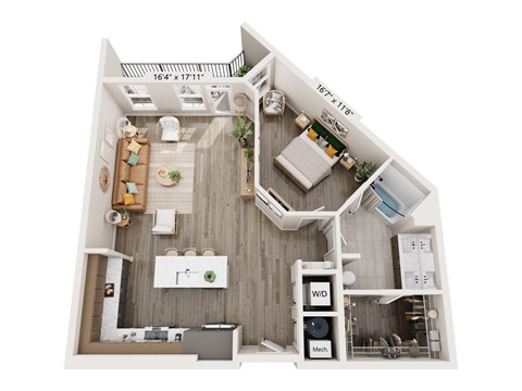 A floor plan of a small apartment with a kitchen, living room, and bathroom.